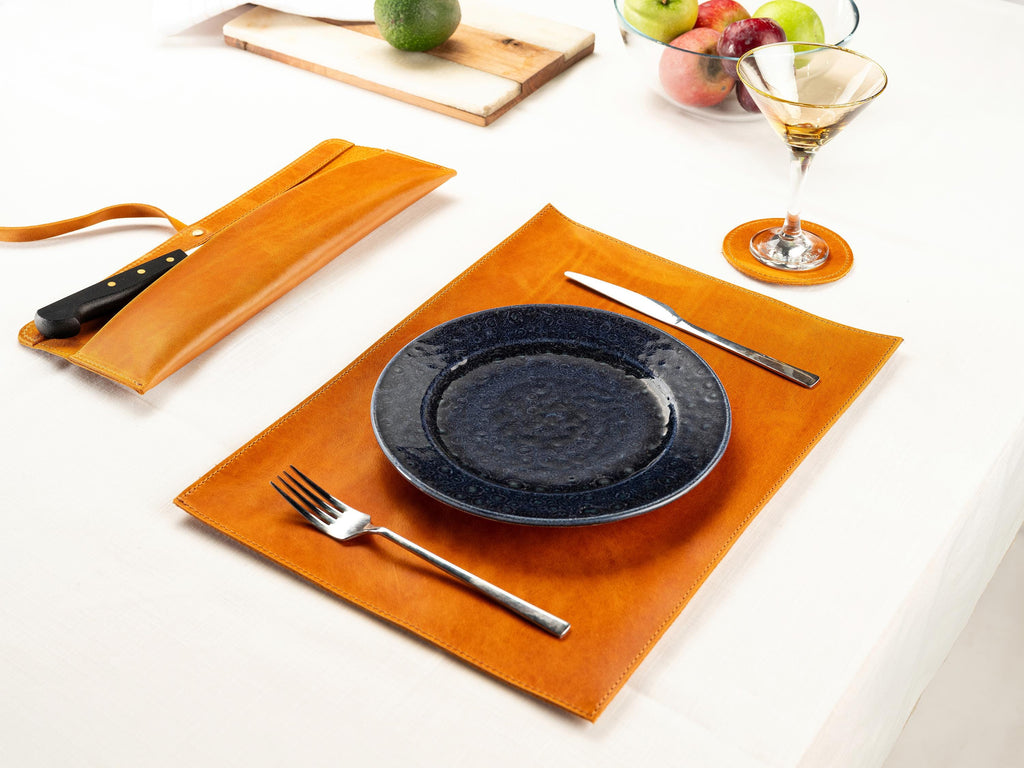 Handmade Full Grain Leather Placemats - Personalized Table Mats, Set of 6