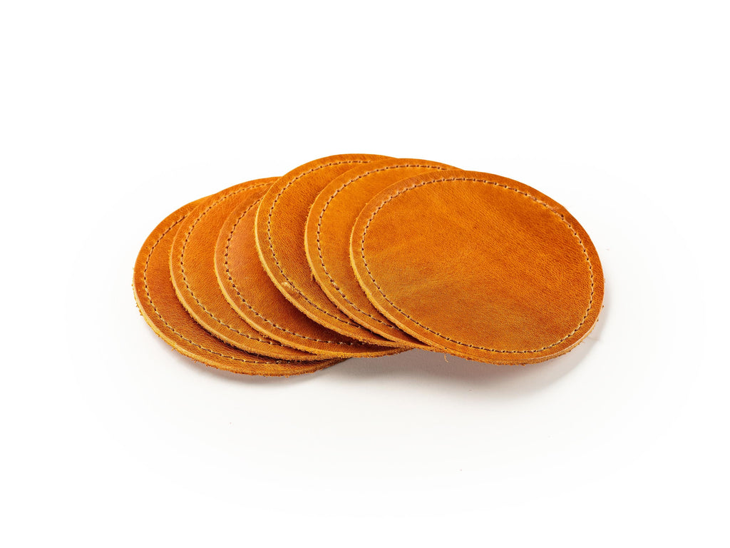 Handmade Leather Coasters - Stitched Full Grain Cowhide (Set of 6)