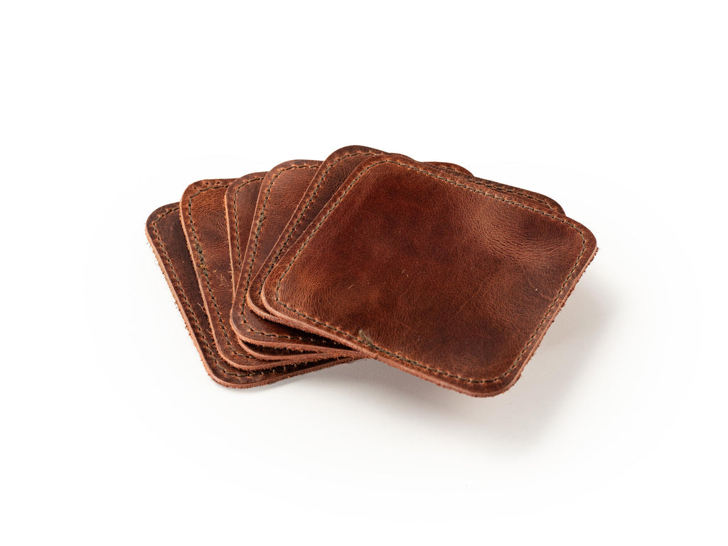 Handmade Leather Coasters - Stitched Full Grain Cowhide (Set of 6)