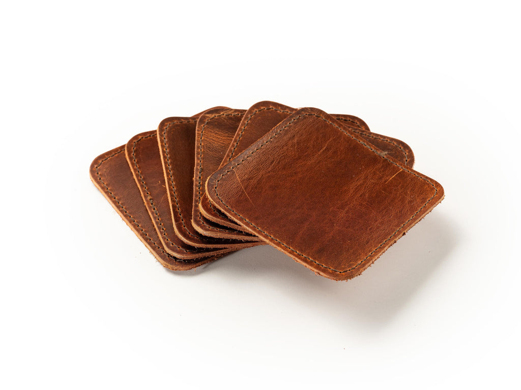 Handmade Leather Coasters - Stitched Full Grain Cowhide (Set of 6)