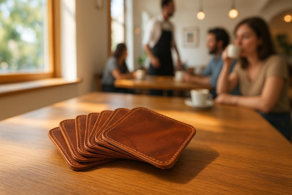 Handmade Leather Coasters - Stitched Full Grain Cowhide (Set of 6)