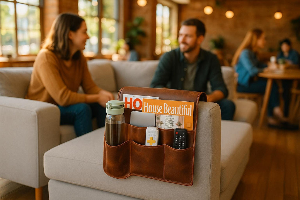 Handmade Leather Sofa Armrest Organizer: Couch Caddy with 5 Pockets for Magazines, Tablets, Remotes