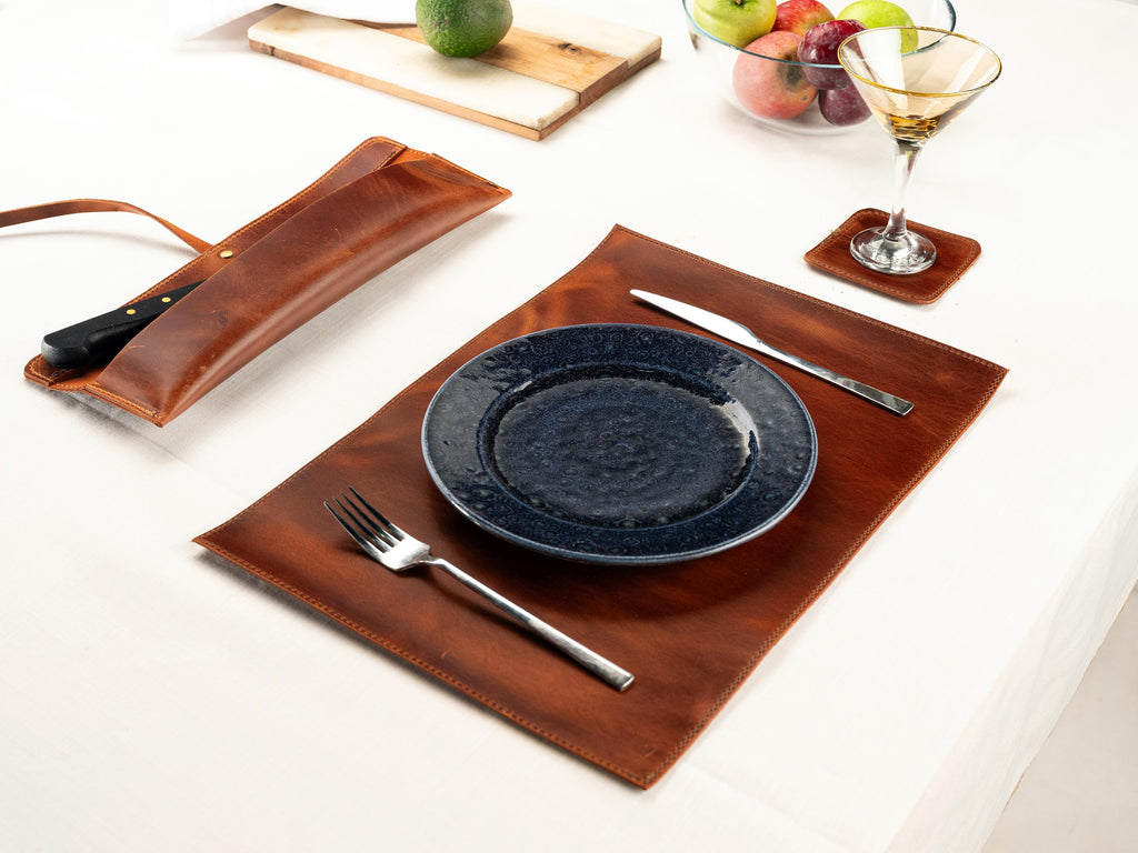 Handmade Full Grain Leather Placemats - Personalized Table Mats, Set of 6