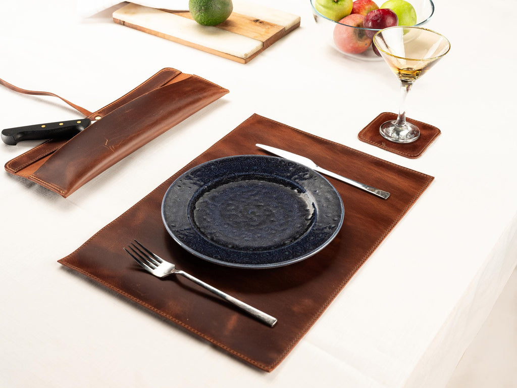 Handmade Full Grain Leather Placemats - Personalized Table Mats, Set of 6