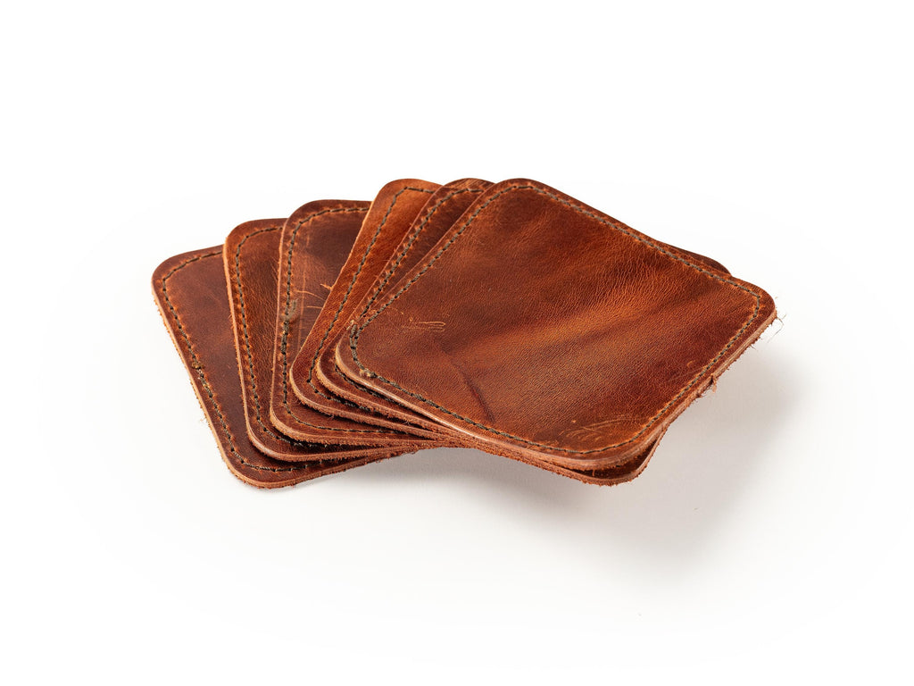 Handmade Leather Coasters - Stitched Full Grain Cowhide (Set of 6)
