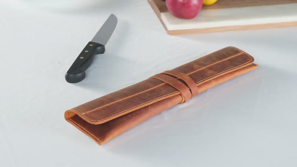 Leather Chef Knife Roll, Handmade Single Knife Case 6-Piece Set, Personalized Knife Cover