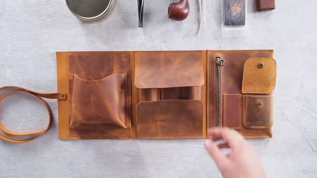 Leather Pipe Roll Premium Set, Handmade Pipe Pouch Bag for 1/2/3-Pipe, Personalized Pipe Tobacco Pouch, Pipe Stand, Valet Tray, Tobacco Mat