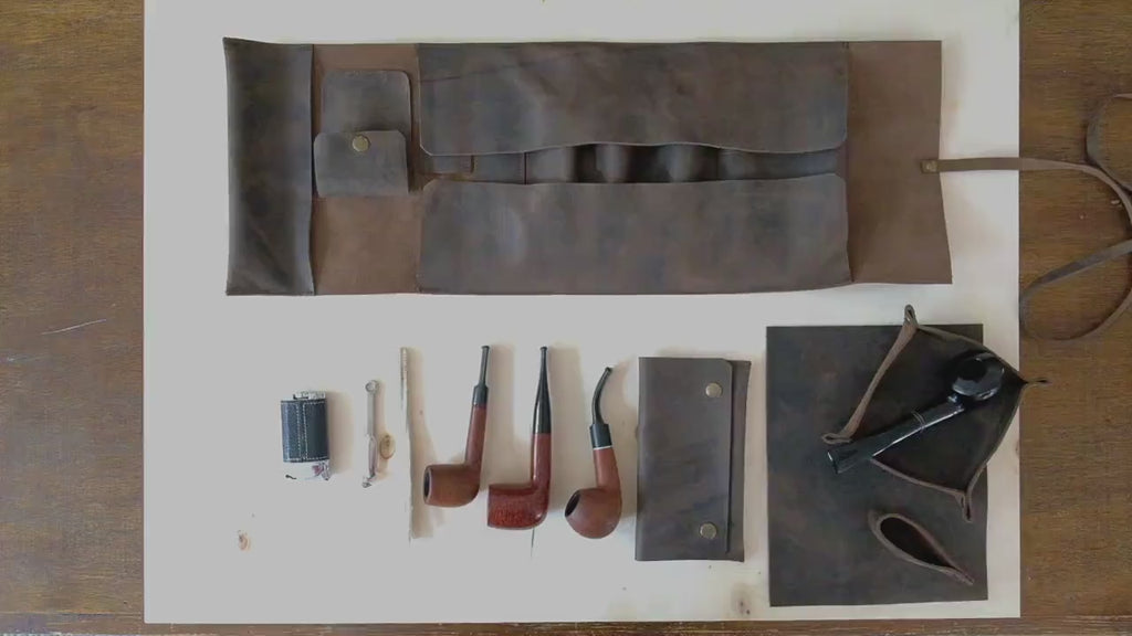 Leather Pipe Pouch for 2-Pipes, Handmade 2-Pipe Rollup Bag, Double-Pipe Rollup Pouch, Chestnut