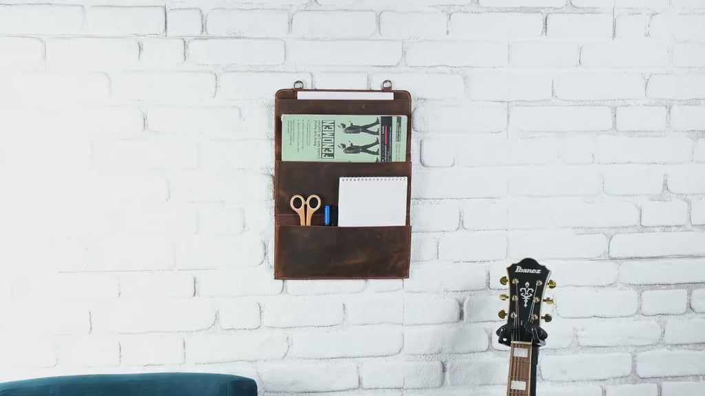 Distressed Leather Wall Organizer, Handmade Wall Rack For Home, Cafe & Office Storage, 4-Pocket Wall Rack