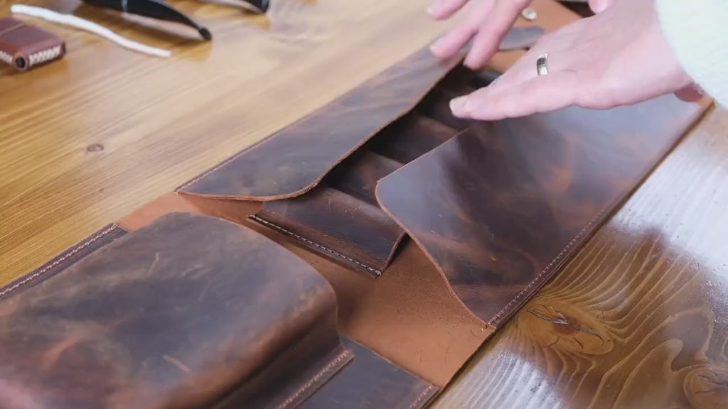 Premium Leather Pipe Roll up Pouch, Handmade 4-Pipe Rollup Bag Complete Set For The Pipe Smoker