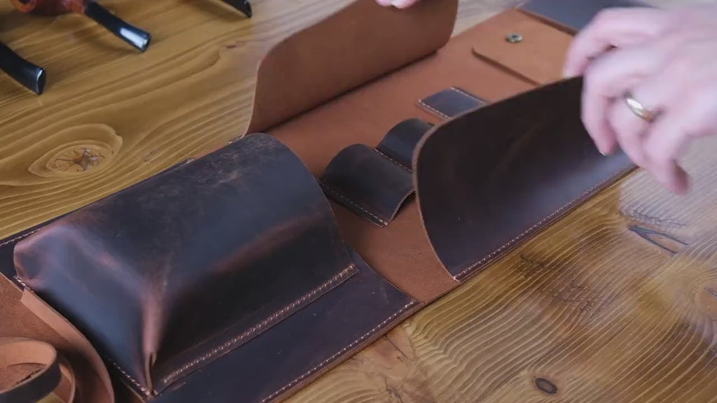 Premium Leather Pipe Roll up Pouch, Handmade 2-Pipe Rollup Bag Complete Set For The Pipe Smoker