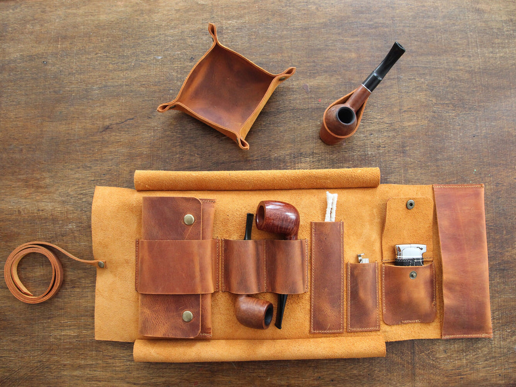 Leather Pipe Pouch for 2-Pipes, Handmade 2-Pipe Rollup Bag, Double-Pipe Rollup Pouch, Camel